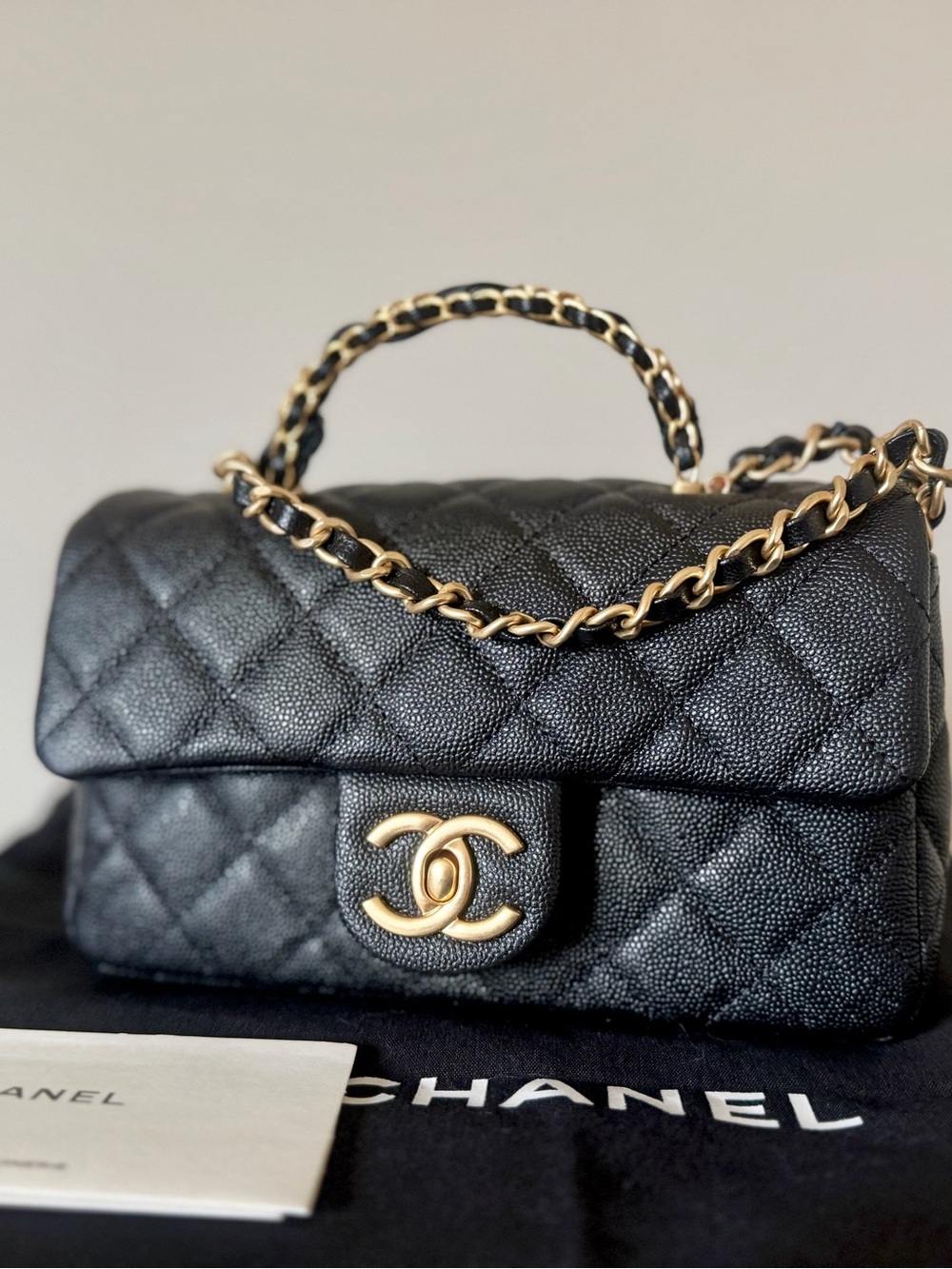 CC Black Quilted Caviar Leather Top Handle Bag with Gold Hardware